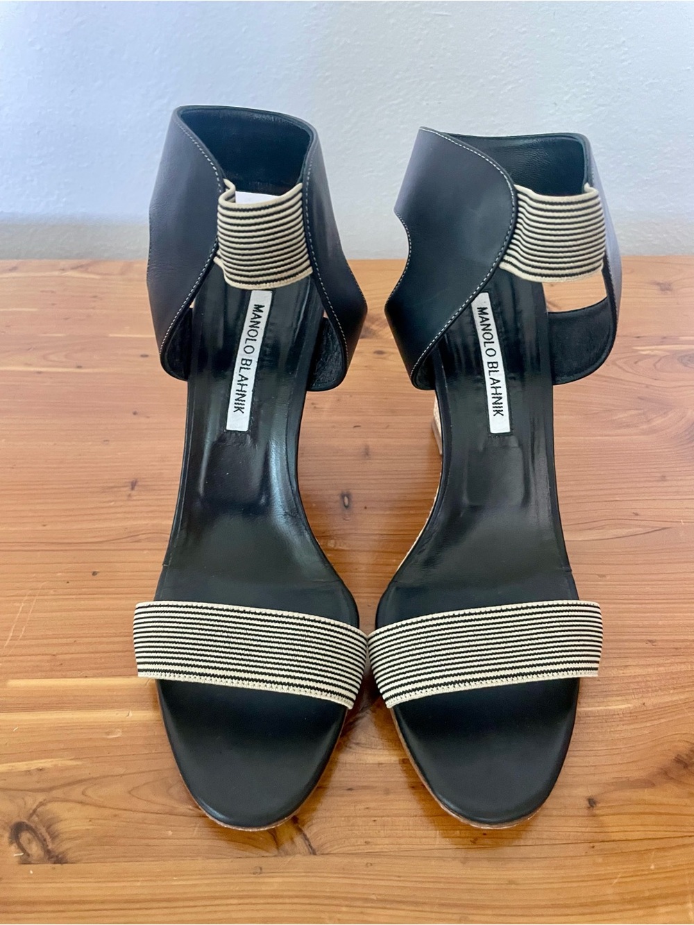 Manolo Blahnik Black & Cream Striped Wedges